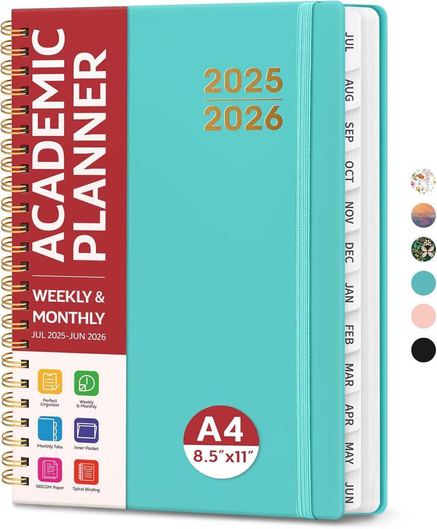 Academic Planner 2025-2026 For Women & Men, Monthly and Weekly Calendar Planner, Jul 2025 - Jun 2026, A4 (8.5" x 11"), Teacher Student Planning Book with Tabs, Ideal for Office School Supplies - Aquamarine