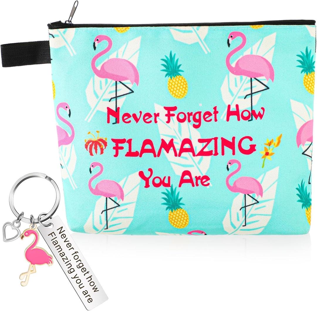 Paterr Flamingo Gifts for Women Flamingo Cosmetic Bag with Inspirational Keychain Zipper Makeup Bag Toiletry Pouches Organizer Motivational Gifts for Girls Women Nurse Teacher Coworker Staff