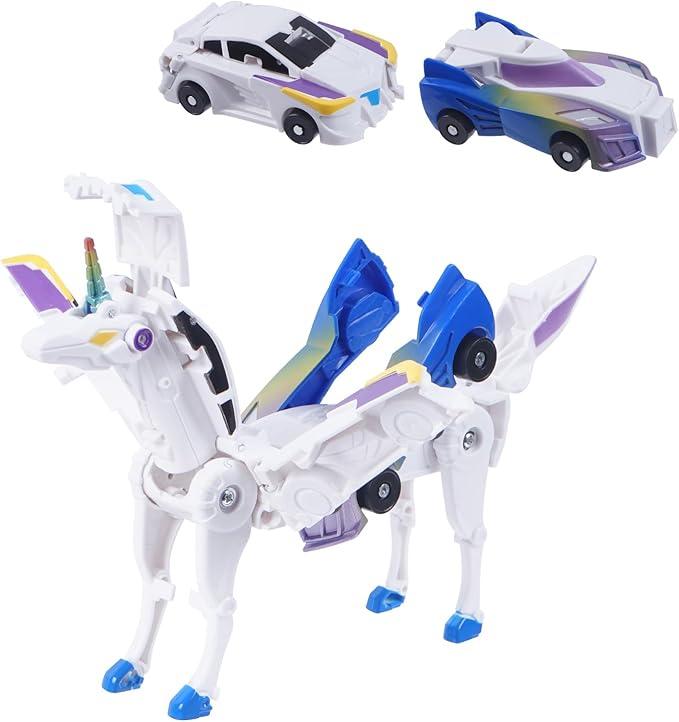 Ultimate Transforming Unicorn Car Toy - Collision to Magical Unicorns!2Pcs Transforming Car-Robot for Kids, Automatic Deformation of Magnetic Connections (Blue)