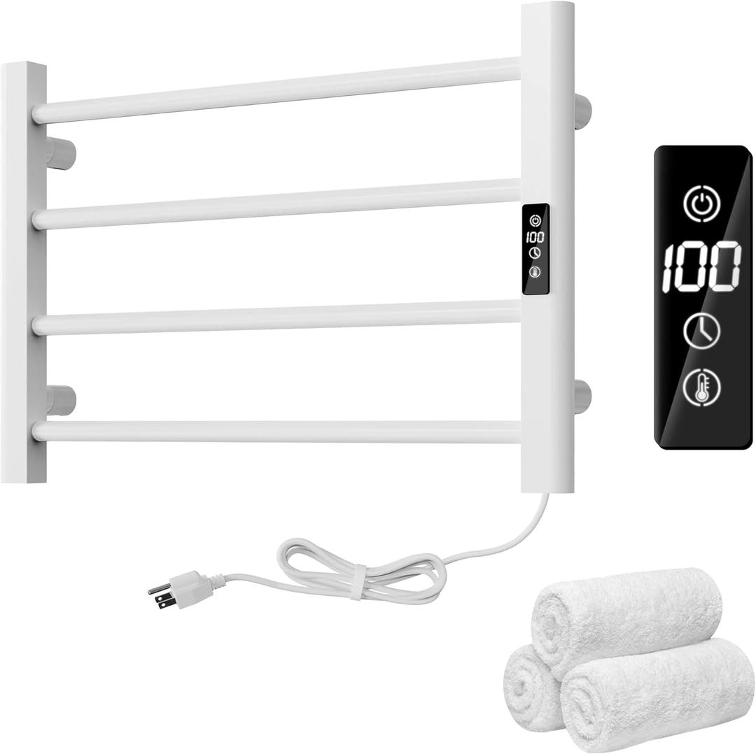Heated Towel Warmer Rack for Bathroom, Waterproof Electric Towel Warmer Racks Wall Mounted with 4 Bars, Built-in Timer and LED Display Screen, Matte White