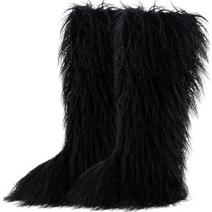 Valpeak Faux Fur Tall Furry Boots for Womens,Long Winter Boots for Girls,Mongolian Fluffy Boots for Kids Fuzzy Knee-High Boots (9 Wide, Black-2)