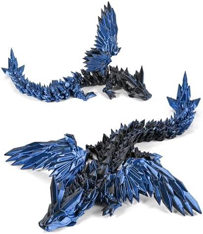 GemmiCho 3D Printed Dragon with Wings, 11" 3D Printed Dragon, 3D Dragon for Stress Relief, Perfect Desk Decor & Collectible for 3D Printing Animals (Dark Blue)