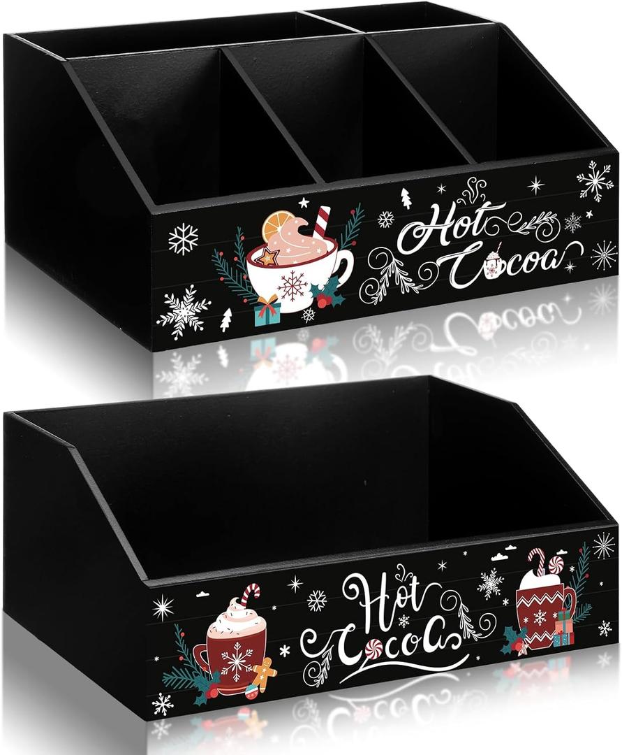 Shellwei 2 Pcs Christmas Hot Cocoa Bar Wood Storage Box Coffee Station Organizer Xmas Basket Organizer Bin Christmas Cute Wood Storage Hot Chocolate Decorative Box for Home Kitchen Office Gift (Black)