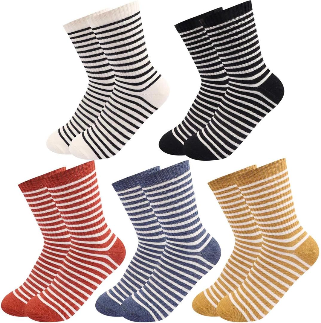 5 Pairs Retro Striped Crew Socks Cute Casual Quarter Socks for Women Girls, Size: 5.5-9