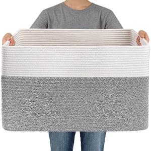 JMvicyroam Woven Blanket Basket,65L Large Storage Bin for Blankets Toys Clothes,Decorative Rope Basket for Living Room Bedroom with Handles, White&Grey
