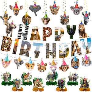 Safari Animals Party Decorations Jungle Birthday Party Decor Supplies Includes Happy Birthday Banner Animals Hanging Swirls Zoo Animals Honeycomb Centerpiece Fox Birthday Party Supplies