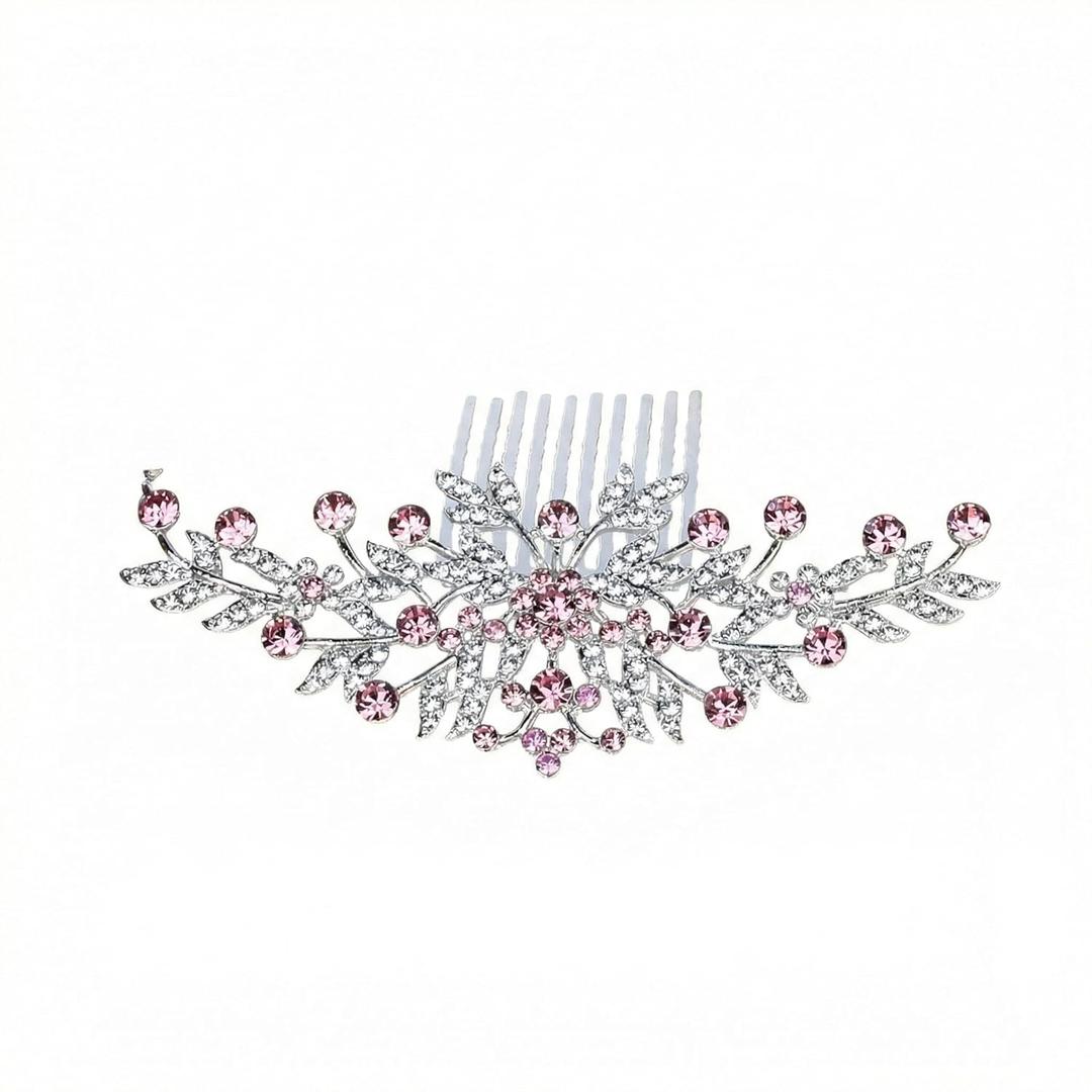 Bridal Hair Combs, Silver Flower Wedding Hair Pieces Pink Rhinestone Crystal Comb Ornament Fancy Diamond Jewelry for Women Brides Bridesmaid Wedding Party Prom Bridal Shower Anniversary