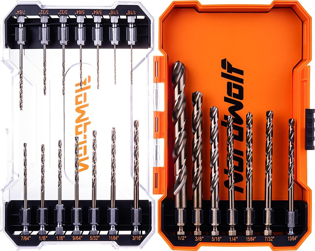 NordWolf 21-Piece M35 Cobalt Drill Bit Set for Stainless Steel, Hard Metals & Cast Iron, Jobber Length with 1/4" Hex Shank, SAE Sizes 1/16" to 1/2" in Storage Case