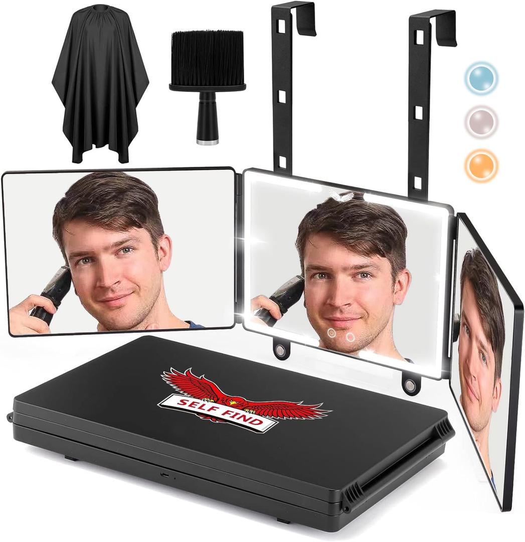 SELF FIND 2.0 Large Size 3 Way Self Hair Cutting Mirror with 3 Color Ring Light, Premium Rechargeable 360 Barber Mirror with Height and Light Adjustable