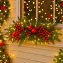 Yalikop 24.5 inch Christmas Swags with Light Artificial Pine Needles Swag Decoration Greenery Christmas Swag for Front Door Window Stair Fireplace Mantle Holiday Xmas Decor(Ball and Berry)