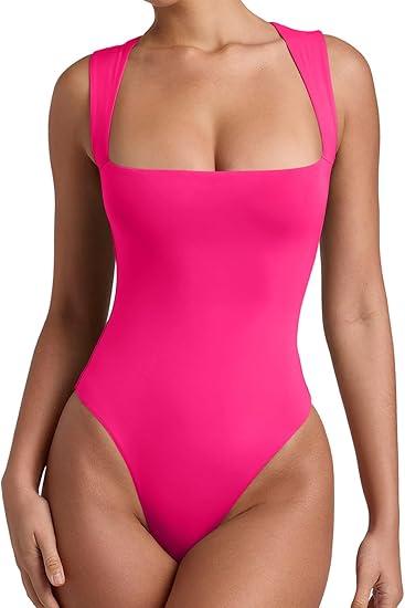 REORIA Butsmooth® Women’s Sexy Sleeveless Square Neck Double Lined Basic Bodysuit Tank Tops, Size XXL