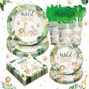 Wild One Birthday Party Supplies Tableware Set - Safari Birthday Decorations Include Plates, Napkins, Cups, Cutlery, Animal Jungle Theme Wild One Party Supplies | Serves 24