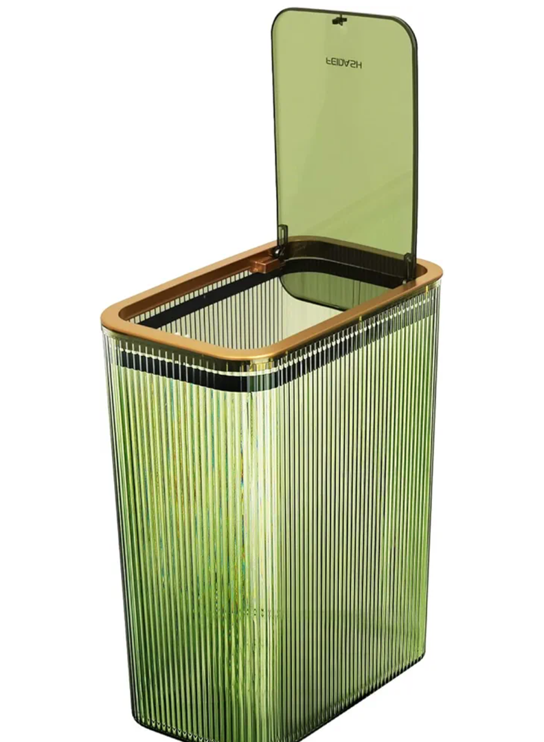 Transparent Bin, Bathroom Bins with Lids, 2.6 Gallon Garbage Can for Bedroom, Office, Plastic Slim Waste Basket with Press Top Lid, 10L Clear Bin for Home, Kitchen (Green)