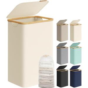 SONGMICS Laundry Hamper with Lid, Large Laundry Basket, 23.8 Gallons (90L), Removable Mesh Liner, Bamboo Handles, Collapsible, 16.5 x 12.6 x 27.8 Inches, Cream White ULCB509W01