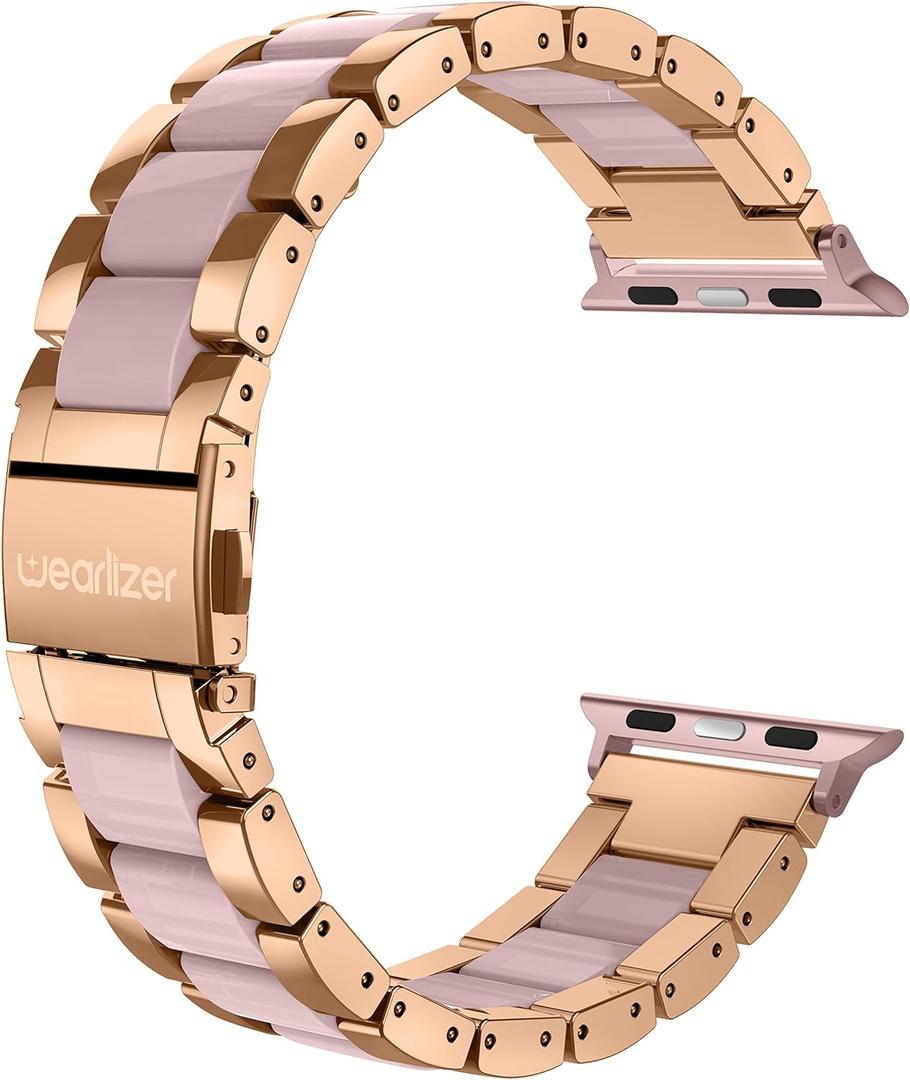 Wearlizer Compatible with Apple Watch Band 38/40/41/42mm Fashion Wristband Women, Stainless Steel + Resin Metal Replacement for iWatch Series 11 10 9 8 7 6 5 4 3 SE/Ultra 3 2 1RoseGold+Starlight