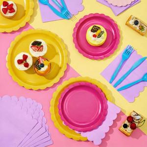 Yungyan 144 Pcs Pastel Scalloped Paper Plates and Napkins Fancy Pink Yellow Purple Colorful Princess Tableware Set Serve 24 Party Supplies Plastic Cutlery for Dollhouse Birthday Spring Unicorn Party