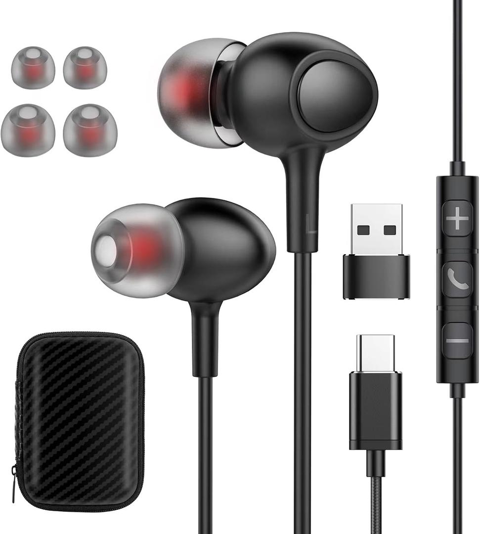 Wired Earphones USB Type C Headphones for iPhone 16/15 Pro Max Laptop PC with Microphone, Noise Isolation Headset Compatible for Google Pixel 7 6a iPad Pro Samsung MacBook (TC-B2Pro)