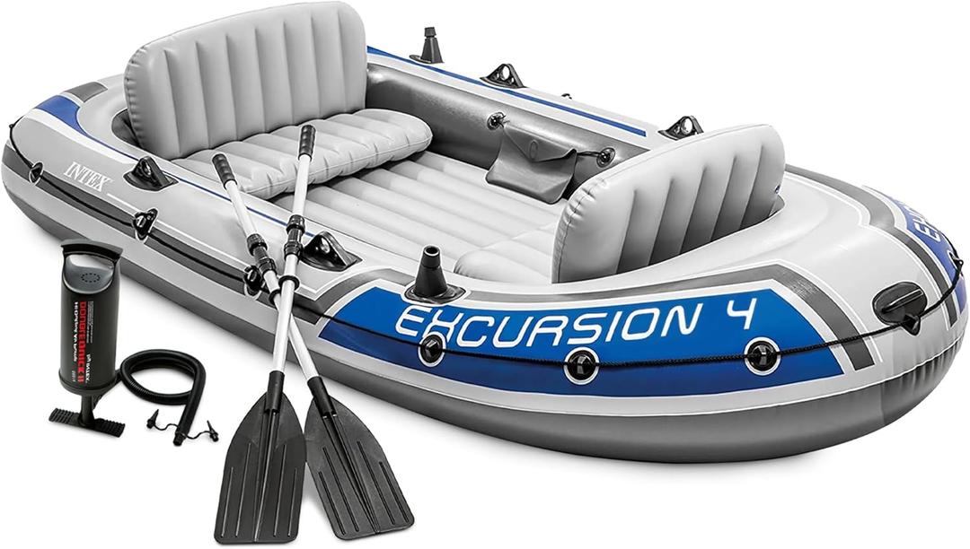 INTEX 68324EP Excursion 4 Inflatable Boat Set: Includes Deluxe 54in Boat Oars and High-Output Pump  Adjustable Seats with Backrest  Fishing Rod Holders  4-Person  1100lb Weight Capacity (Gray)