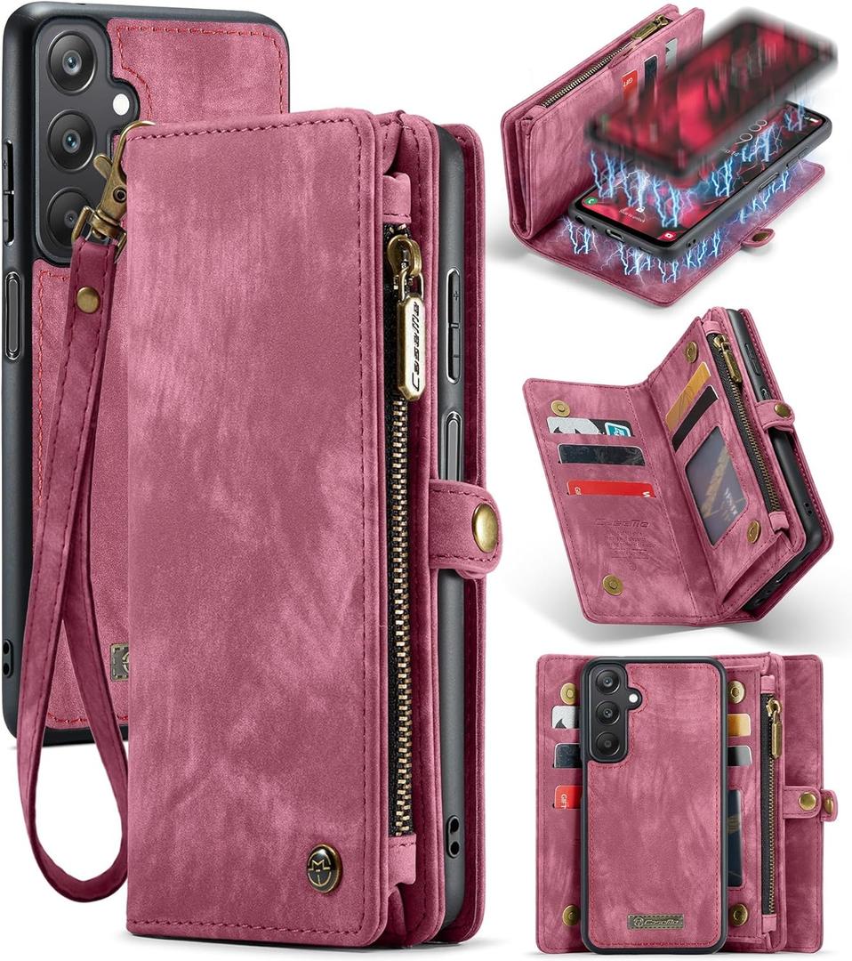 GooodiDEAR for Samsung A25 Case, Shockproof Card Holder Flip Magnetic 2-in-1 Detachable Zipper Slots Wallet Cover for Samsung Galaxy A25 5G, Anti-Scratch Leather TPU Bumper Luxury Purse Holster, Red