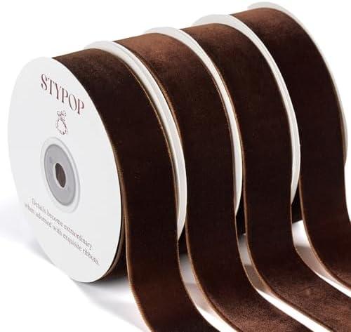 40 Yd Brown Velvet Ribbon for Gift Wrapping 1" Wide Dark Brown Velvet Ribbon for Christmas Tree and Wreath Decoration, Elegant Gift Wrapping, Bow Making, Valentine's & Wedding Crafts（4 Rolls x 10 Yds）