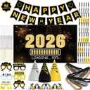 New Years Eve Party Supplies 2026 - Happy New Year Party Supplies Kit for 50 Guests, Including Hats, Glasses, Les, Beads, Squakers, a Backdrop and a Banner, Great New Yeras Decorations