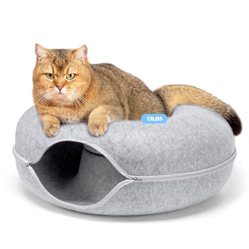 Rzoooot Cat Donut Cat Tunnel Bed, Peekaboo Cat Cave for Indoor Cats, Scratch Resistant Cat Toys for Small Cats up to 9 lbs.(20x20x8 in, Light Grey)