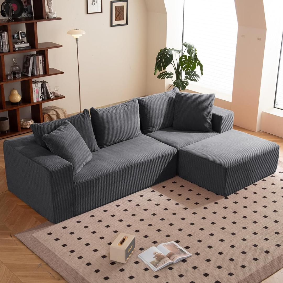 Modular Sectional Sofa, 108" L-Shaped Boneless Couch with Deep Seat, Corduroy Cloud Couch for Living Room, Bedroom, No Assembly Required, Ship in a Box, Grey (03-dark Grey (14.4" Seat Height))