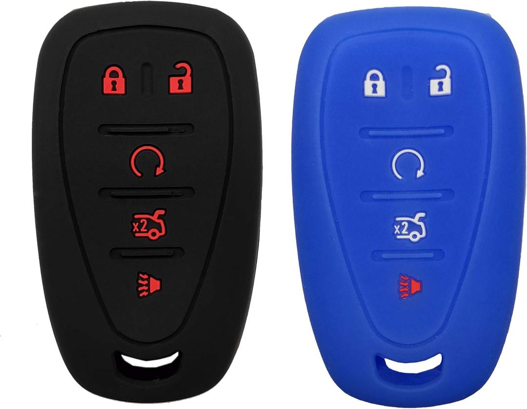 Silicone Key Fob Cover Case Protector Fit for Chevy Malibu Camaro Trax Traverse Sonic Cruze Volt Equinox Spark Bolt EV Keyless Entry Remote Fob Skin Jacket Holder (1 Black with Red + 1 Blue)