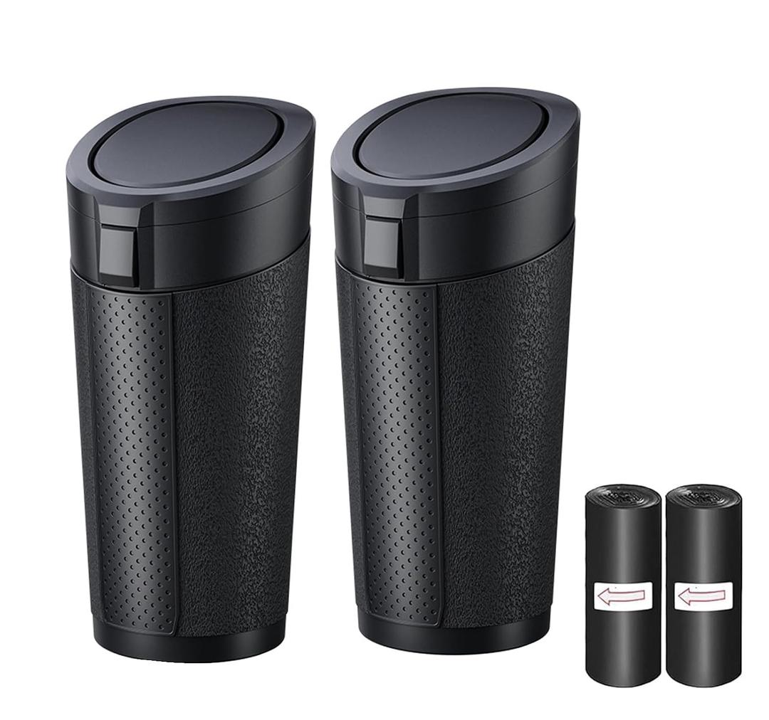 Car Trash Can with Lid, 2 Packs Leakproof Vehicle Garbage Bin, Compact Cup Holder Design, Includes 40 Trash Bags, Ideal for Car, Truck, Home, Office, Front & Back Seat Organizers (2-pack Black)