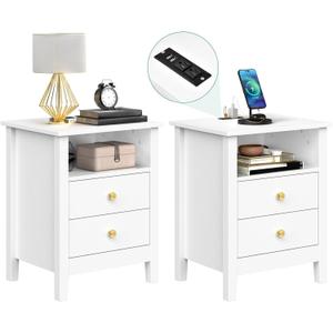 YITAHOME Nightstand with Charging Station, Night Stands with 2 Drawers for Bedroom, Modern Bedside Table End Side Table with USB Ports and Outlets, Set of 2, White
