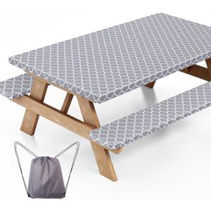 Picnic Table Cover with Bench Covers and Bag, Waterproof Windproof Camping Essentials, Fitted Camping Tablecloths with Elastic Edges for Rectangle Tables and Seats, 72x30 Inches 3 Pcs Set