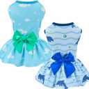 2-Pack Dog Summer Dress Breathable Puppy Cat Dresses with Bowknot Pet Summer Cool Outfits Skirts with Sea Fish Dolphin Patterns for Small Medium Dogs, M