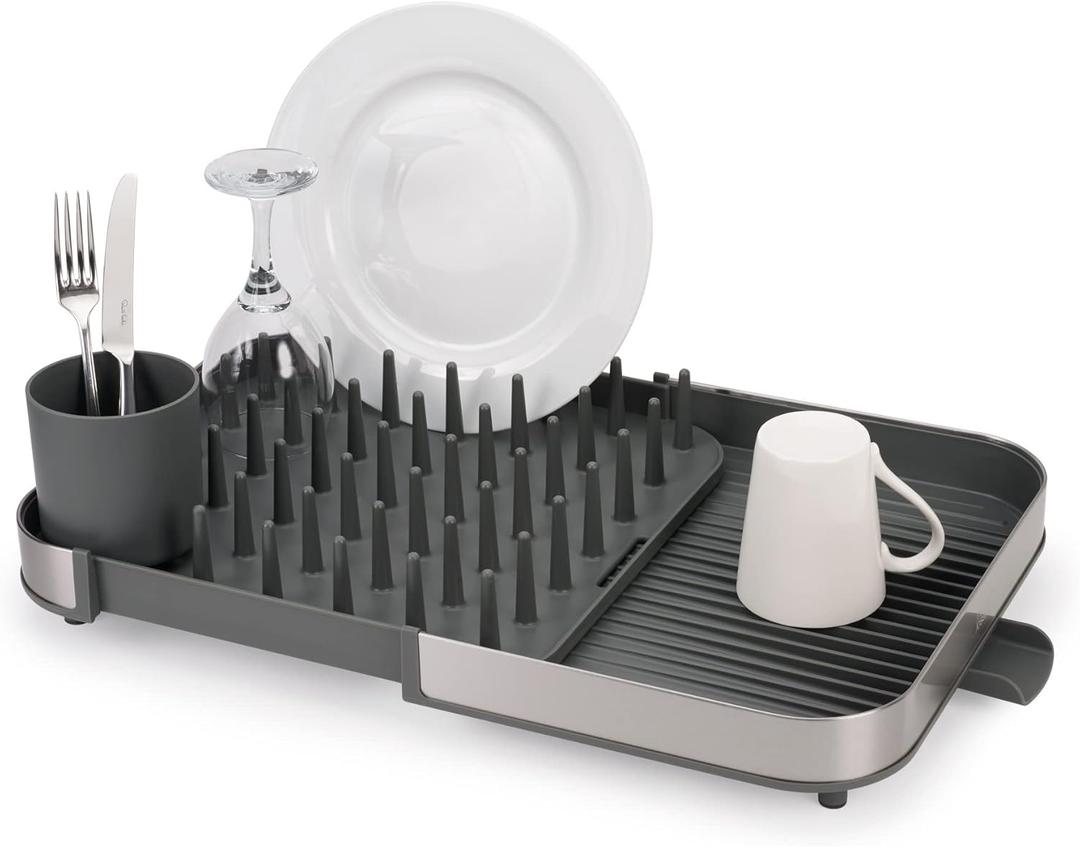 Joseph Joseph Duo Extendable Dish Drainer with Removable Cutlery Holder, Draining Spout, Stainless Steel/Grey