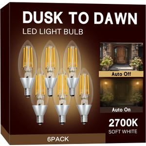UNILAMP Dusk to Dawn Light Bulbs, Outdoor Candelabra Light Bulbs, 5W Equivalent 40W, 2700K Soft White, 500LM, Edison Vintage Filament E12 Base, Photocell Sensor for Sconces Porch Patio Garage, 6 Pack