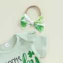 Newborn Baby Girl St Patricks Day Outfit Short Sleeve Letter Print Romper Clover Flare Pants Headband Clothes Set, 6-12M