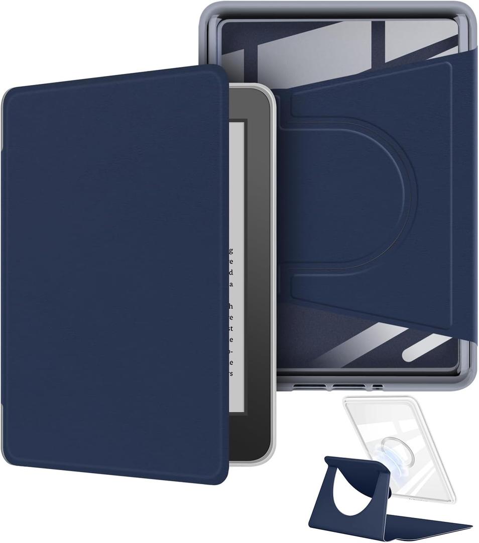360 Degree Rotating Case for 7" Kindle Paperwhite (12th Generation-2024 Release), Detachable Magnetic Design Protective Adjustable Stand Cover Clear Back with Auto Sleep/Wake, Dark Blue