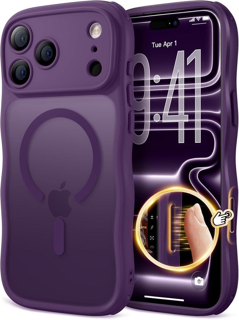 for iPhone 17 Pro Max Case for Women Girls,Compatible with MagSafe,Camera Control,Full Camera Protection, Cute Wave Magnetic Phone Case for iPhone 17 Pro Max,Dark Purple