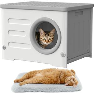 Plastic Cave-Style Cat House for Outdoor Indoor Use, Weatherproof&Insulated Feral Shelter Elevated Stackable Waterproof Cat House with Bed Cushion (Large, Cream and Grey)