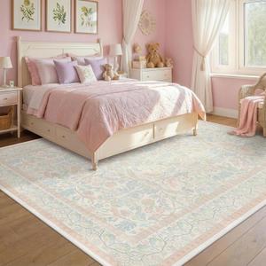Large 8x10 Floral Cute Oushak Rug for Bedroom, Pink and Blue Washable French Country Area Rug Living Room, Low Pile & Soft Thin Carpet with Botanical and Wildflower Pattern (Cream & Pink)