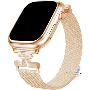TJCENXIN Slim Metal Milanese Loop for Apple Watch Bands for Women 42/ 44/ 45/ 46/ 49mm, Bow-Shaped Diamond Stainless Steel Mesh Magnetic Strap for iWatch Series 11 10 9 8 7 6 5 4 3 2 1 SE Ultra, Rose Gold