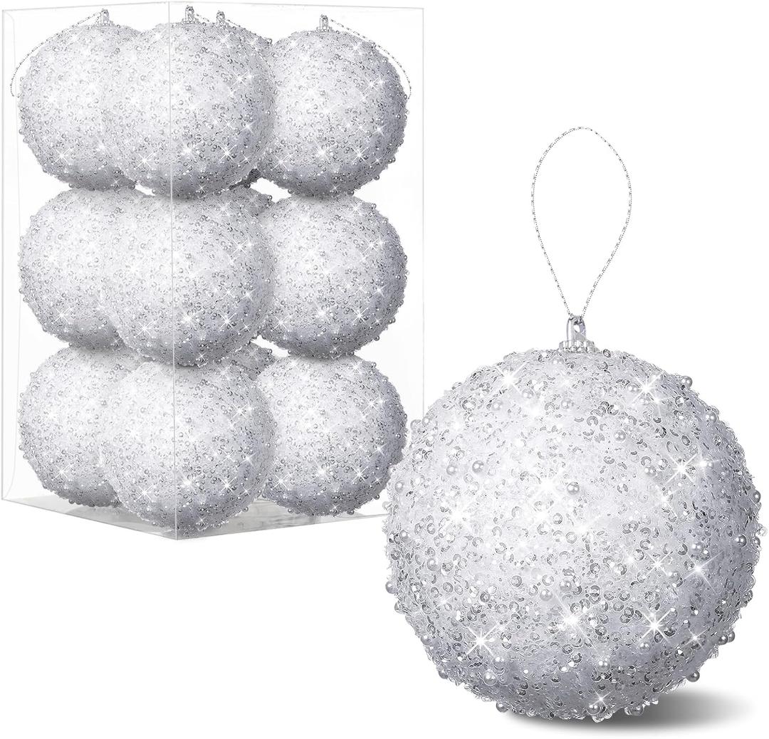 10 Pcs 2.36 Inch Christmas Ball Ornaments Glitter Sequin Ball Large White Christmas Tree Decorations Xmas Hanging Balls for Home New Year Holiday Indoor Outdoor Party Decor(White, 2.36 Inch)