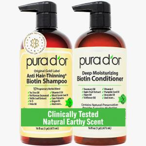 PURA D'OR Anti-Thinning Biotin Shampoo and Conditioner Natural Earthy Scent, CLINICALLY TESTED Effective Results, Herbal Blend Thickening Products For Women & Men, Original Gold Label Set, 16oz x2 | Deep Moisturizing, Conditioner, CLINICALLY TESTED, Effective Results, Hair Thickening, Product