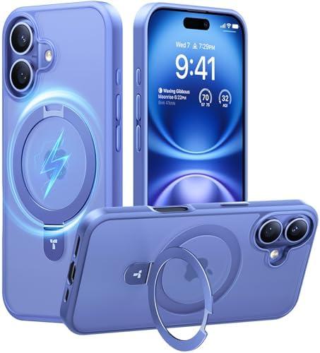 TORRAS Magnetic for iPhone 16 Case with Stand, Built-in Stand Compatible with MagSafe, 3X Military-Grade Protection, Translucent Slim Phone Case for iPhone 16 6.1'', Matte Blue