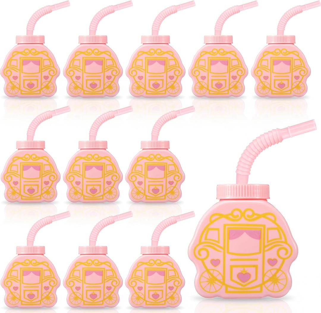 Newtay 12 Set Princess Carriage Cups with Straws and Lids, Pink Princess Birthday Party Supplies 10 oz Plastic Reusable Carriage Cups for Girl Themed Birthday Party Favor