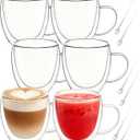 Glass Coffee Cups Set Of 6 - 8.5oz Double Walled Glass Coffee Mugs with Handle,Clear Insulated Borosilicate Glass Mug,Suitable for Cappuccino,Tea,Latte,Hot Beverage and Wine (6 Pack 8.5oz +6 Spoons)