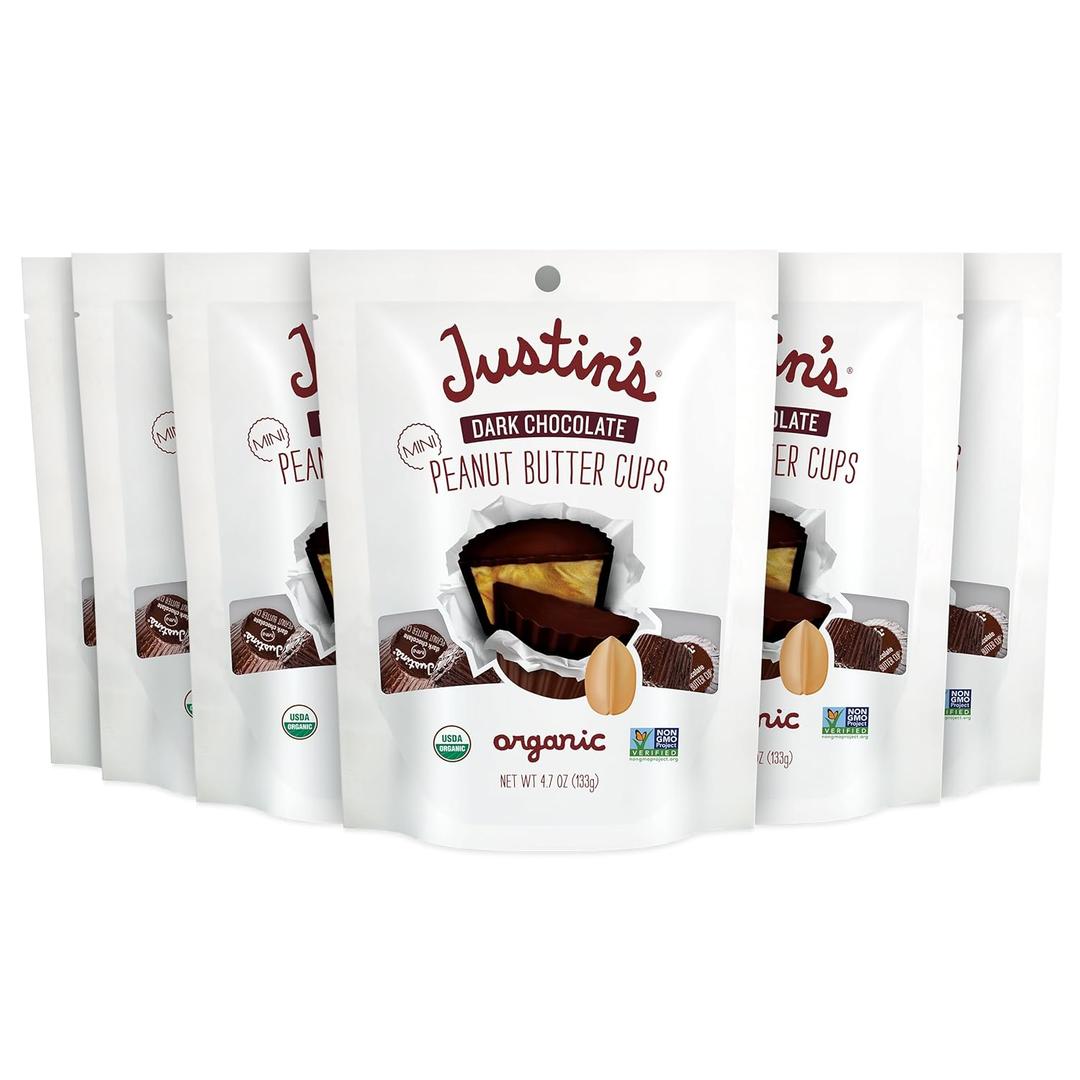 JUSTIN'S Organic Mini Dark Chocolate Peanut Butter Cups, 4.7 Ounce Bag (6 Pack) (EXP 01/12/27)