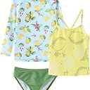 Girls 3 Piece Rash Guard Swimsuits Set Tankini Bathing Suits for Girls Long Sleeve Beach Swimwear 3-16 Years