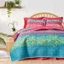 3 Pieces Colorful Bohemian Quilt Set California King Size, Boho Striped Pink n Teal Printed Bedding Bedspread Coverlet Set for Summer, Soft Lightweight Microfiber Quilt with 2 Shams (102x114 inces)