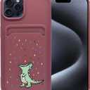 Unov Case Compatible with iPhone 15 Pro Max 5G Soft TPU Slim Protective Case with Dino Rainbow Dinosaur Dragon Card Holder Back Cover Case Wine Red