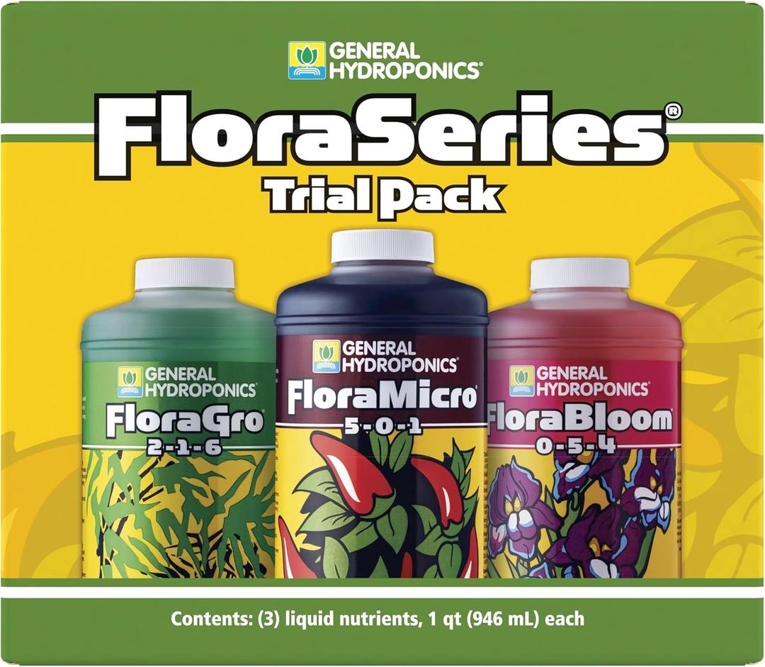 General Hydroponics FloraSeries Hydroponic Nutrient Fertilizer System Trial Pack with FloraMicro, FloraBloom and FloraGro, 1 qt.
